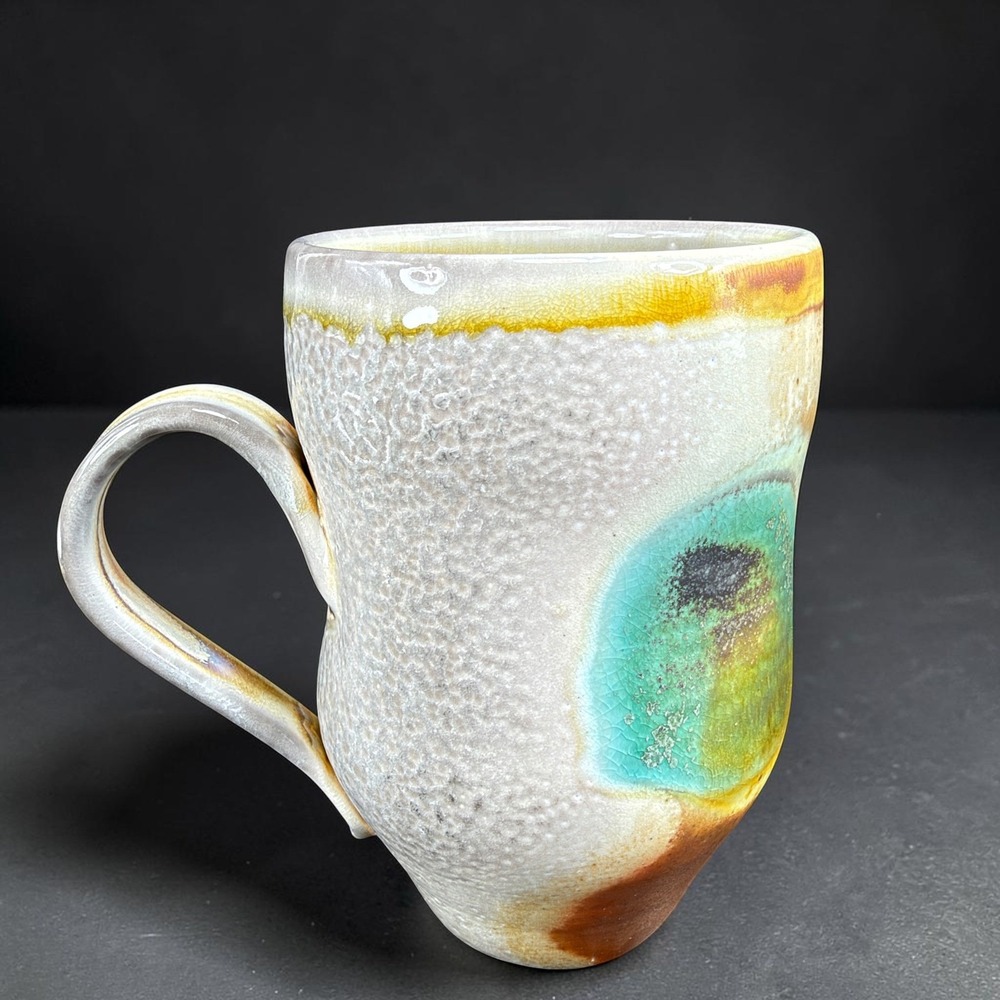 Studio Pottery Handcrafted Mug Signed Artisan Ceramic Turquoise Amber Glaze 5"